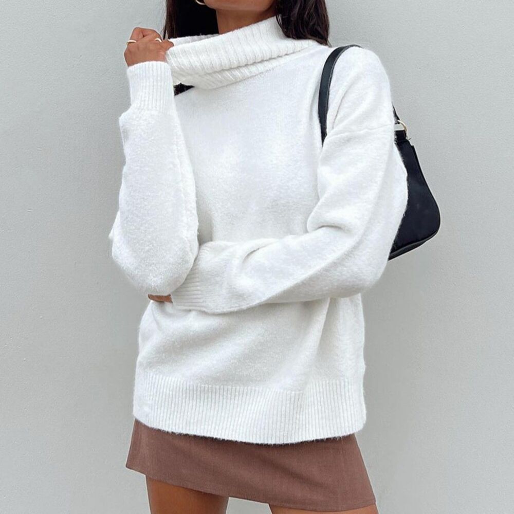 NWT Princess Polly White Oswin Soft Knit Fold Over Turtleneck Sweater Size S/M